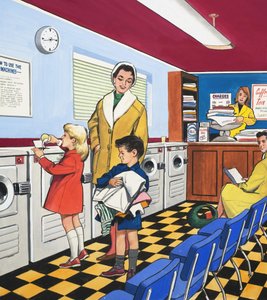 Na lavandaria (guache no papel) de English School