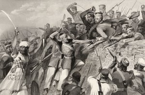 Ataque dos amotinados na Bateria Redan em Luknow, 30 de julho de 1857, de "A História do Motim Indiano", publicado em 1858 de English School