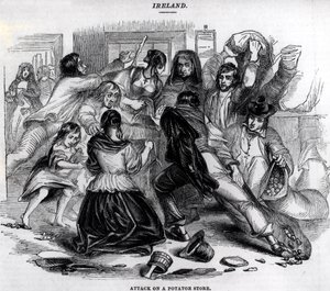 Ataque a uma loja de batatas na Irlanda, c.1845 de English School
