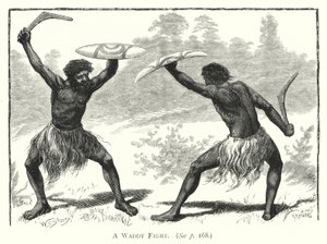 Austrália: A Waddy Fight (gravura) de English School