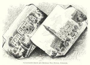 Austrália: Government House and General Post Office, Adelaide (gravura) de English School