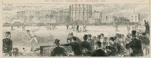 Jogadores de críquete australianos no Kennington Oval: Lord Harris (capitão do time inglês) salvando um 4 de English School