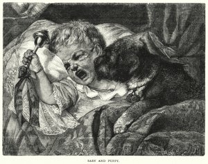 Bebé e cachorrinho (gravura) de English School