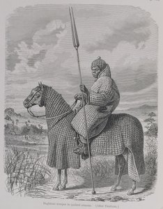 Soldado Baghirmi em armadura acolchoada, de "A História da Humanidade", Vol.III, pelo Prof. Friedrich Ratzel, 1898 (gravura) de English School