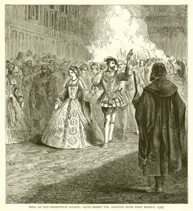 Bola no Old Greenwich Palace .-- Rei Henrique VIII dançando com Ana Bolena, 1527 de English School