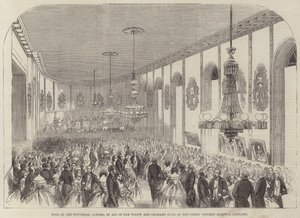 Baile no Townhall, Oxford, em Ajuda ao Fundo de Viúvas e Órfãos da Grande Companhia Ferroviária Ocidental (gravura) de English School