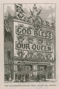 Banner adornando os escritórios de notícias ilustrados de Londres de English School
