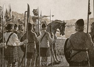 Bannockburn: Bruce revendo suas tropas antes da batalha, ilustração de Cassells Illustrated History of England (foto em sépia) de English School
