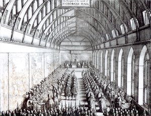Banquete de Carlos II (1630-1685) em St. George&39;s Hall, Castelo de Windsor de English School