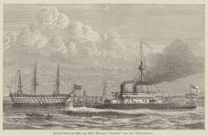 Navios de guerra de 1800 e 1875, o "Victory" e o "Devastation" de Nelson (gravura) de English School