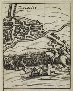 Cena da Batalha de Worcester, de "A História da Sua Majestade mais Maravilhosa Preservação, depois da Batalha de Worcester". de English School
