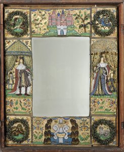 Espelho de missanga, c. 1672-79 (fios de seda, metal e couro com contas de vidro e lantejoulas em casco de seda em carvalho) de English School