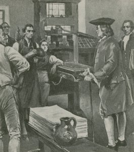 Benjamin Franklin chamando seus antigos trabalhos de impressão de mestrado em Londres de English School