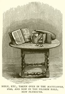 Bíblia, etc., tomada no Mayflower, 1620, e agora no Pilgrim Hall, New Plymouth de English School