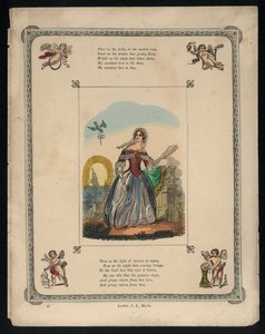 Pássaro entregando uma carta de amor a uma mulher, poema de amor (gravura colorida) de English School