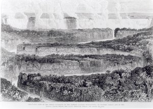 Visão panorâmica das Grandes Cataratas do Zambeze (Cataratas Vitória) da Narrativa de uma Exposição ao Zambeze e seus afluentes, publicada em 1865 de English School