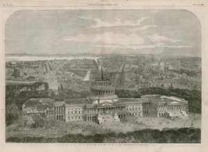 Birdseye vista da cidade de Washington, com o Capitólio em primeiro plano
