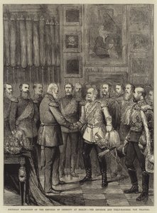 Recepção de Aniversário do Imperador da Alemanha em Berlim, o Imperador e Marechal de Campo von Wrangel (gravura) de English School