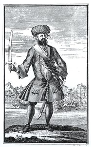 Barba Negra, o Pirata, de Uma História Geral dos Roubos e Assassinatos dos Piratas mais notórios do Capitão Charles Johnson, publicado em 1724 de English School