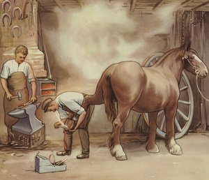 Ferreiro a ferrar um cavalo (cor litho) de English School