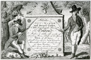 Blake, Gunmaker e Sword Cutler, etiqueta da caixa da arma (gravura) de English School