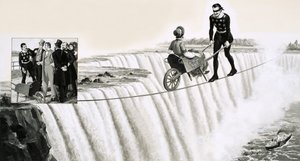 Blondin (Francois Gravelet) empurra um carrinho de mão pela corda bamba sobre as Cataratas do Niágara de English School