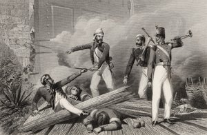 Explosão do Portão de Cashmere em Nova Deli, de "A História do Motim Indiano", publicado em 1858 de English School