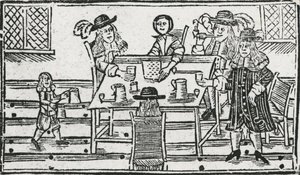 Jogo de tabuleiro e beber na taverna (xilogravura) de English School