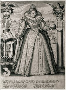 O frontispício de livros celebrando a Rainha Elizabeth é um reinado feliz e próspero, 1596 de English School