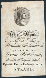 Placa de livro, este livro deve ser vendido na loja de Abraham Vandenhoeck e George Richmond de English School