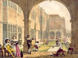Bowls on the Terrace em Bramshill em 1600, de Arquitetura da Idade Média por Joseph Nash, publicado em 1838