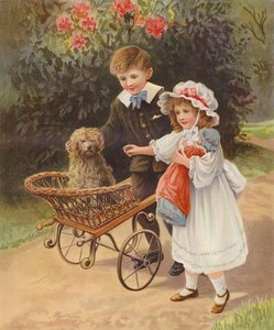 Rapaz e rapariga empurrando o seu cão de estimação num carrinho (cromolitografia) de English School