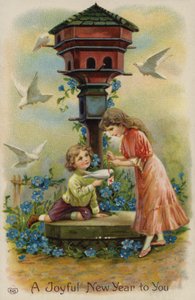 Rapaz e rapariga enviando saudações de Natal por pomba (cromolitho) de English School