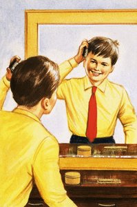 Menino, escovar, seu, cabelo, em, um, espelho, suportado, com, um, camada magra, de, prata de English School