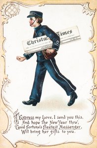 Boy delivery Christmas Times Jornal, cartão de Natal de English School