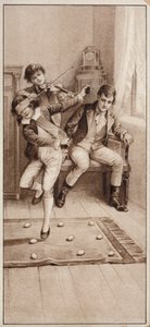 Rapaz jogando um jogo onde ele tem que tentar evitar pisar em ovos enquanto está vendado (litho) de English School
