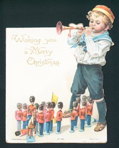 Menino brincando com soldados de brinquedo e soprando trompete, cartão de Natal de English School