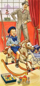 Menino, montando, um, cavalo balançando de English School