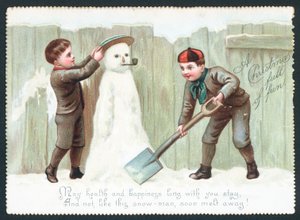 Meninos, predios, boneco neve, natal, cartão de English School