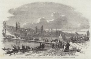 Experiência de ponte em Joinville-le-Pont, perto de Paris, perante o Imperador, Lord Raglan, e o Duque de Cambridge (gravura) de English School