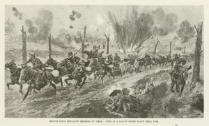 Artilharia de campanha britânica levantando suas armas em um galope sob fogo pesado Shell, Primeira Guerra Mundial