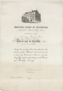 British Lying-In Hospital. Certificado de enfermagem de English School