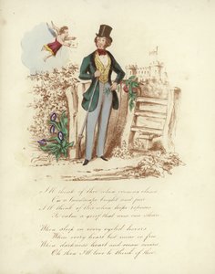 Cartão de dia dos namorados britânico com uma imagem de um querubim entregando um cartão de dia dos namorados para um homem de English School