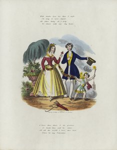 Cartão de dia dos namorados britânico com uma imagem de um querubim puxando uma mulher junto com uma seqüência de flores de English School