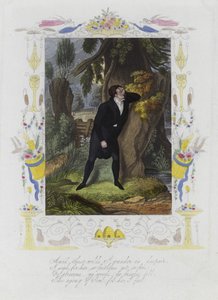 Cartão britânico dos Namorados com uma imagem de um homem aflito de pé junto ao tronco de uma árvore de English School