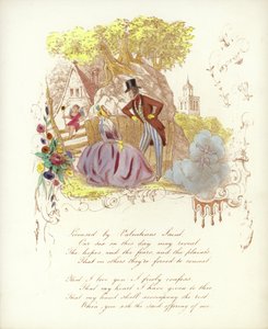 Cartão de dia dos namorados britânico com uma imagem de um homem e uma mulher em um jardim com um querubim de English School