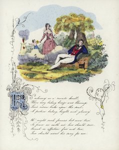 Cartão de dia dos namorados britânico com uma imagem de um homem e uma mulher em um jardim com um querubim de English School