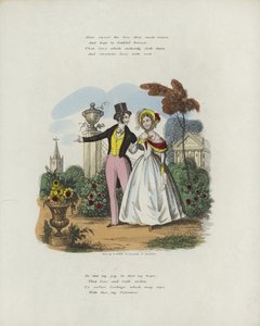 Cartão de dia dos namorados britânico com uma imagem de um homem e uma mulher andando em um jardim de English School