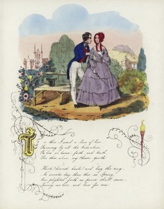 Cartão de dia dos namorados britânico com uma imagem de um homem e uma mulher andando em um jardim de English School