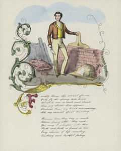 Cartão britânico dos Namorados com uma imagem de um homem construindo uma parede de tijolos de English School